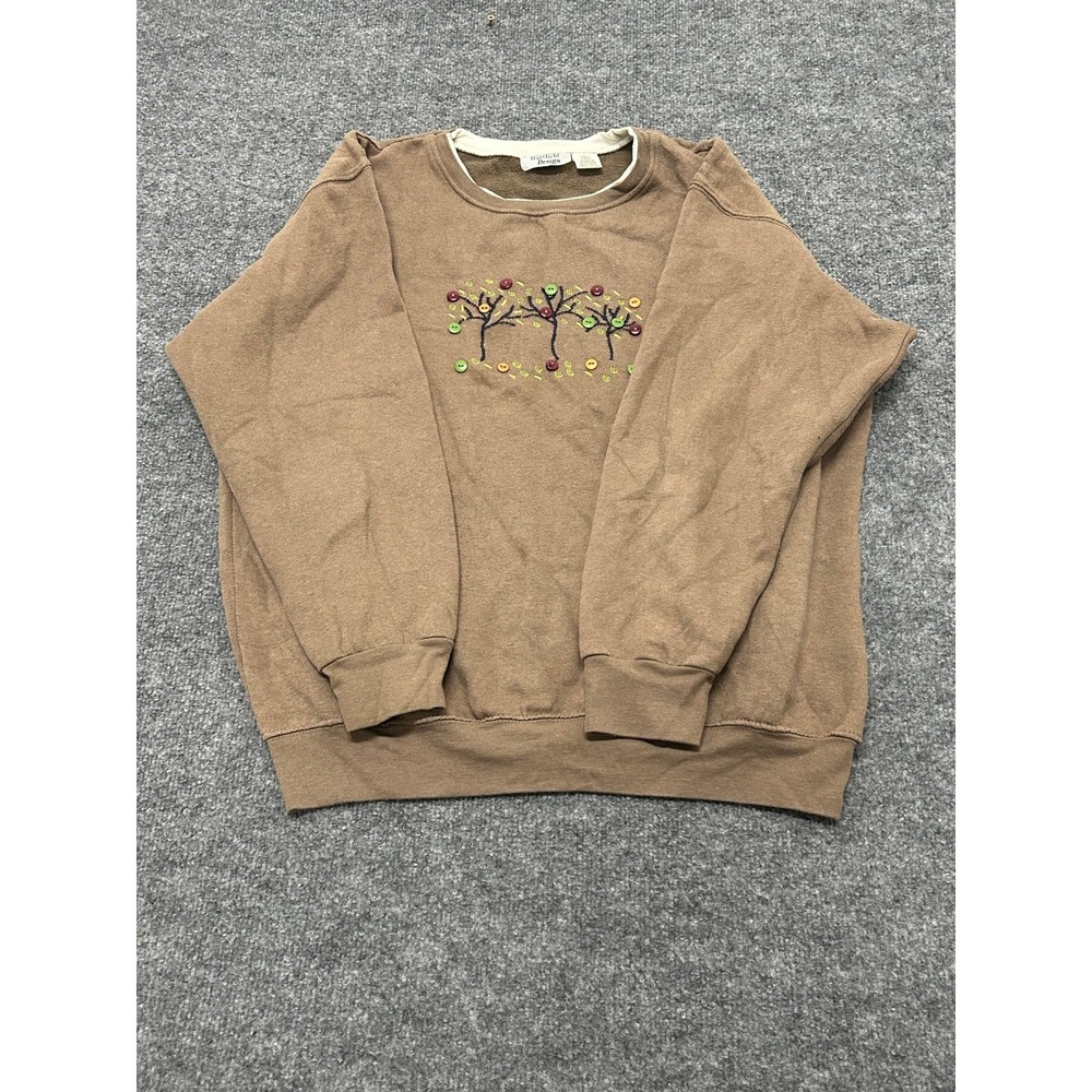 Hartfield Design Sweatshirt Womens XL Brown Button Tree Crewneck